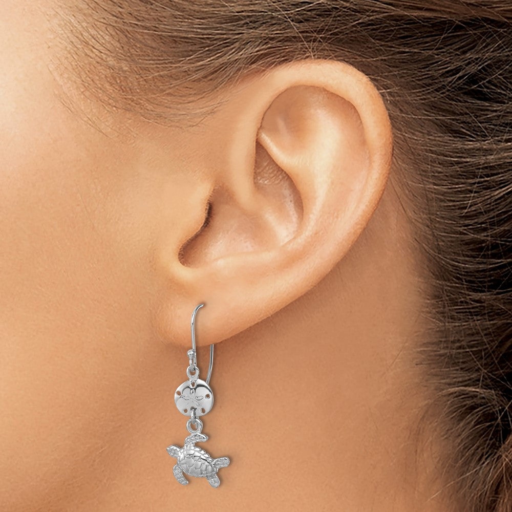 Sterling Silver Rhodium-plated Sand Dollar And Turtle Dangle Earring