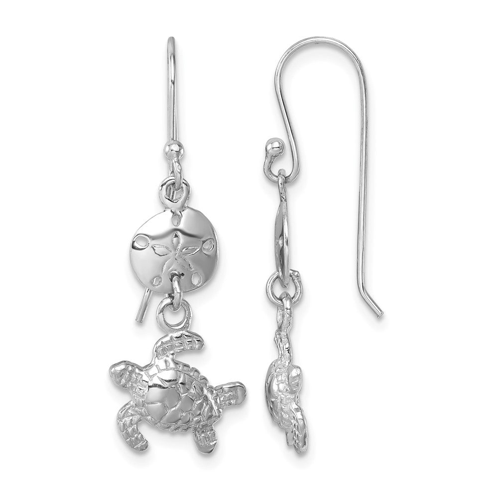 Sterling Silver Rhodium-plated Sand Dollar And Turtle Dangle Earring