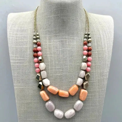 LOFT Necklace Womens Pink Gray Coral Tone Chunky Beads Double Strand 22 Inch ABC Jewelery