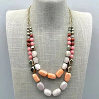 LOFT Necklace Womens Pink Gray Coral Tone Chunky Beads Double Strand 22 Inch ABC Jewelery