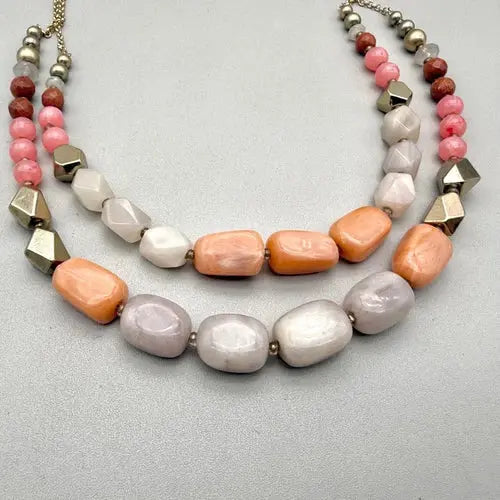 LOFT Necklace Womens Pink Gray Coral Tone Chunky Beads Double Strand 22 Inch ABC Jewelery