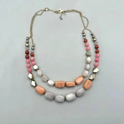 LOFT Necklace Womens Pink Gray Coral Tone Chunky Beads Double Strand 22 Inch ABC Jewelery