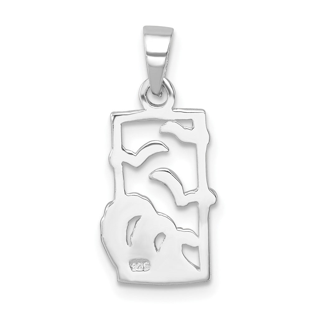 Sterling Silver Rhodium-plated Polished Sea Gull and Enameled Wave Pendant