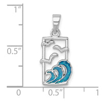 Sterling Silver Rhodium-plated Polished Sea Gull and Enameled Wave Pendant