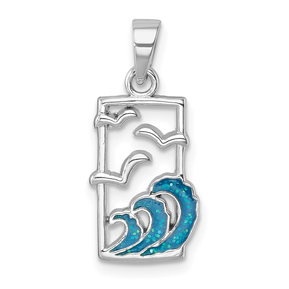 Sterling Silver Rhodium-plated Polished Sea Gull and Enameled Wave Pendant