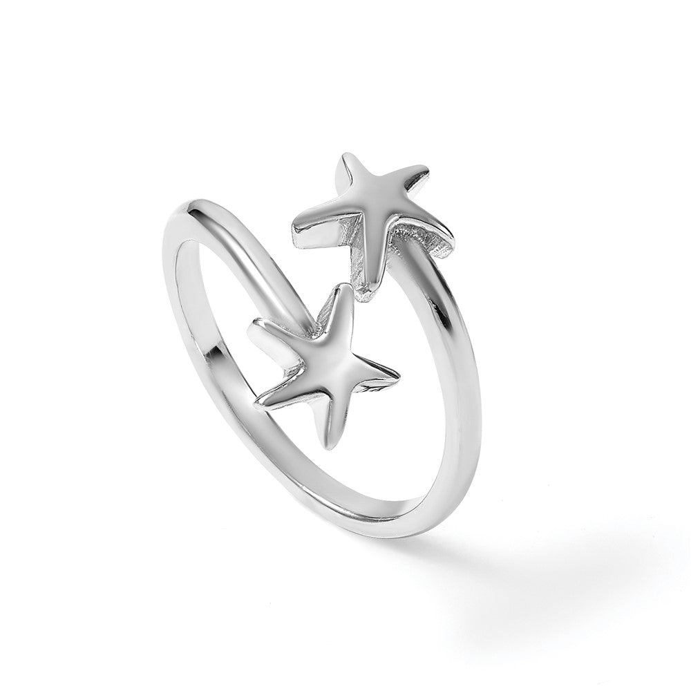 Sterling Silver Rhodium-plated Polished Starfish Double Adjustable Ring