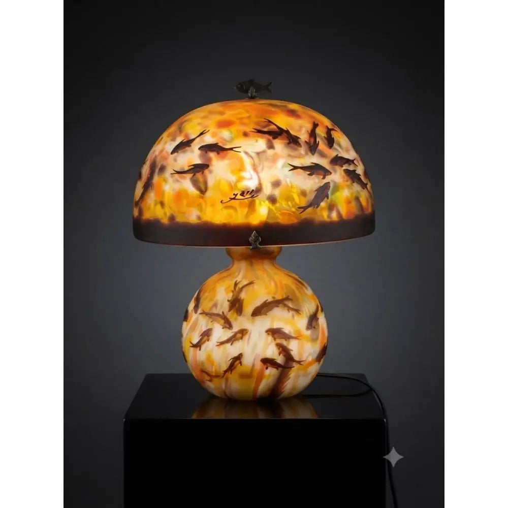 Museum-Quality, Émile Gallé Signed Mushroom Lamp with Submerged Fish Motif 