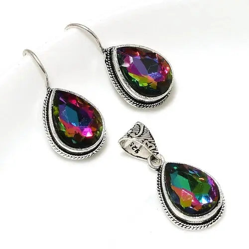 Mystic Quartz 925 Silver Plated Handmade Pendant & Earrings Set of 25" ABC Jewelery