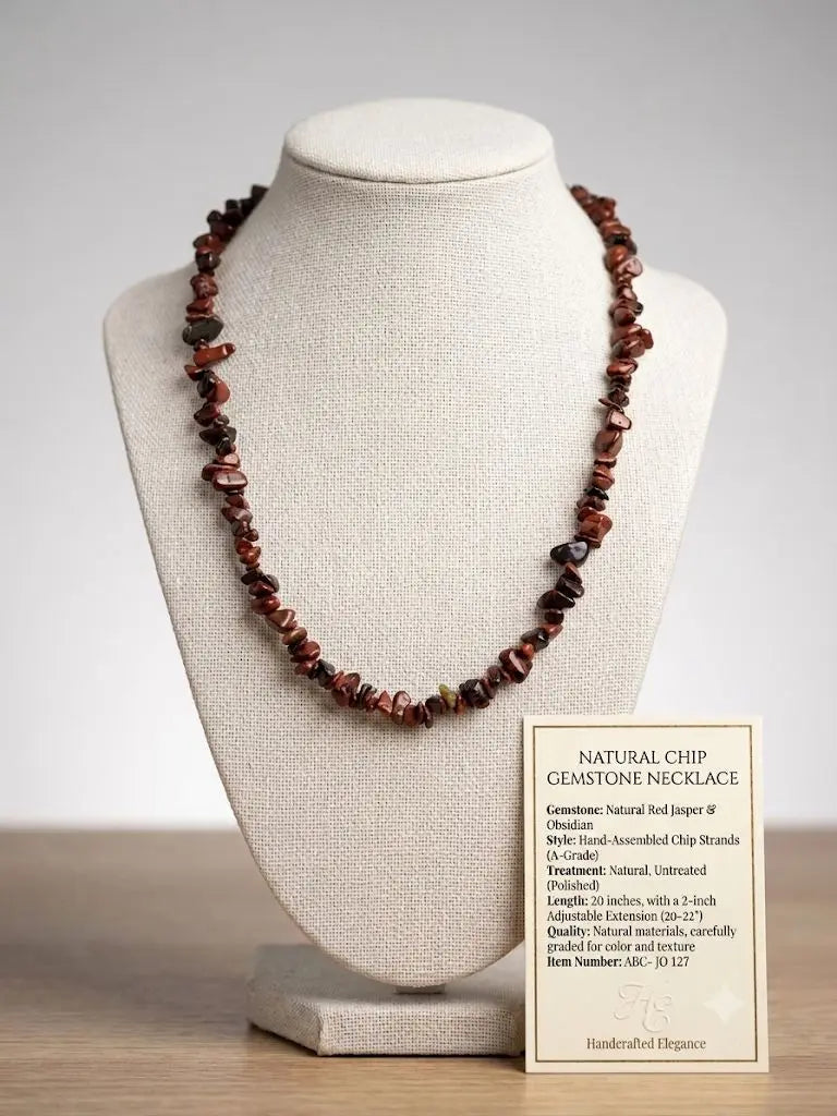 NATURAL CHIP GEMSTONE NECKLACE, Natural Red Jasper & Obsidian, Length 20-22 inches (Adjustable), ABC-JO-127