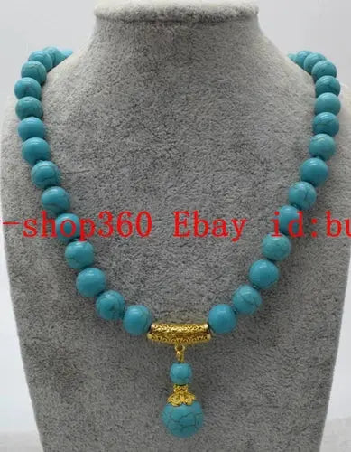Natural 10mm Blue Turquoise Round Gemstone Beads Pendant Necklace 18" AAA ABC Jewelery