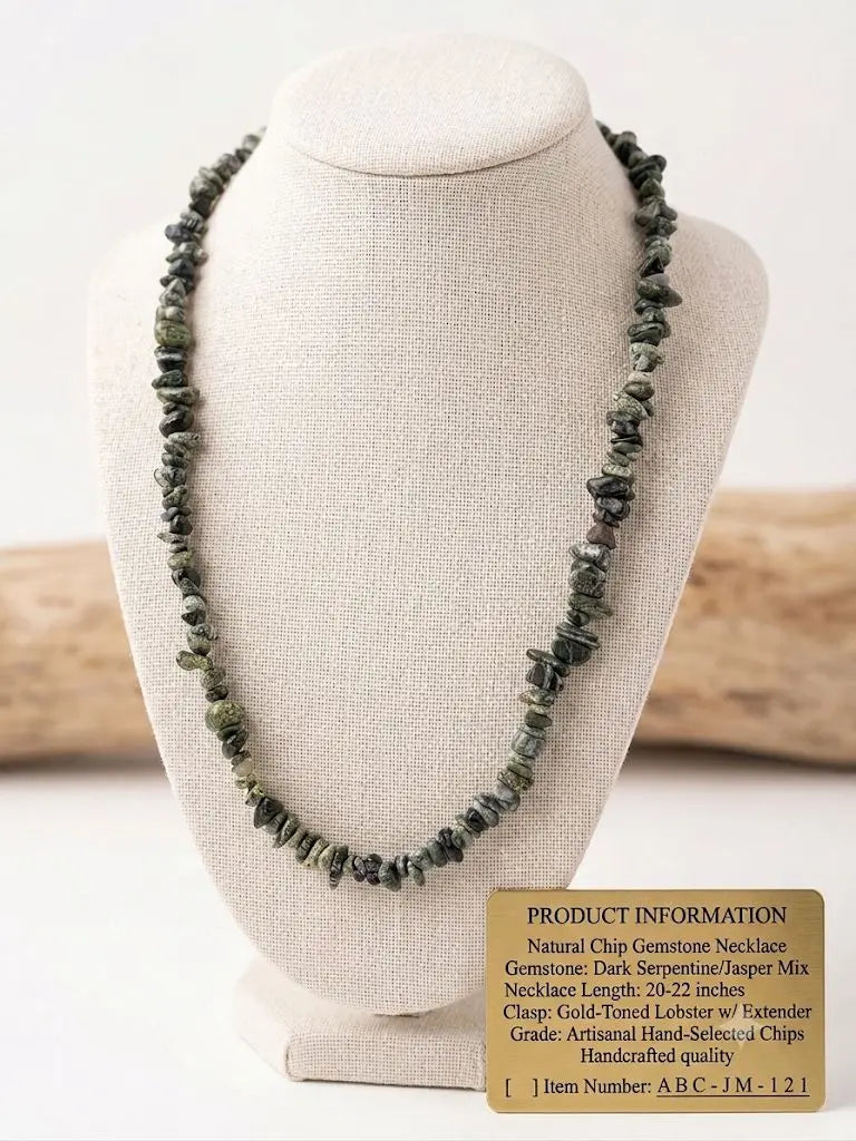 Natural Chip Gemstone Necklace, Dark Serpentine & Jasper Mix, Length 20-22 inches (adjustable), ABC-JM-121