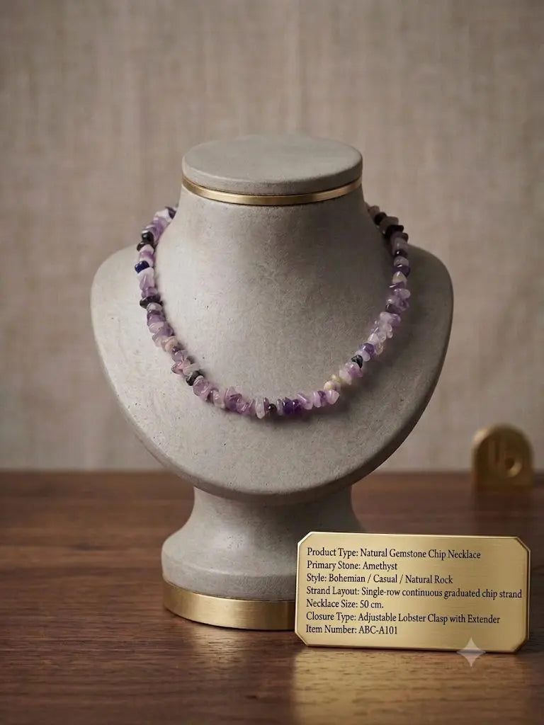 Natural Gemstone Chip Necklace, Stone Amethyst, Style Bohemian, Necklace Size 50 cm., ABC_NEC_A101