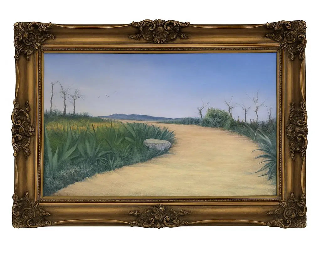 Oil painting depicting a winding path through the desert landscape. Approx. 28" x 38"