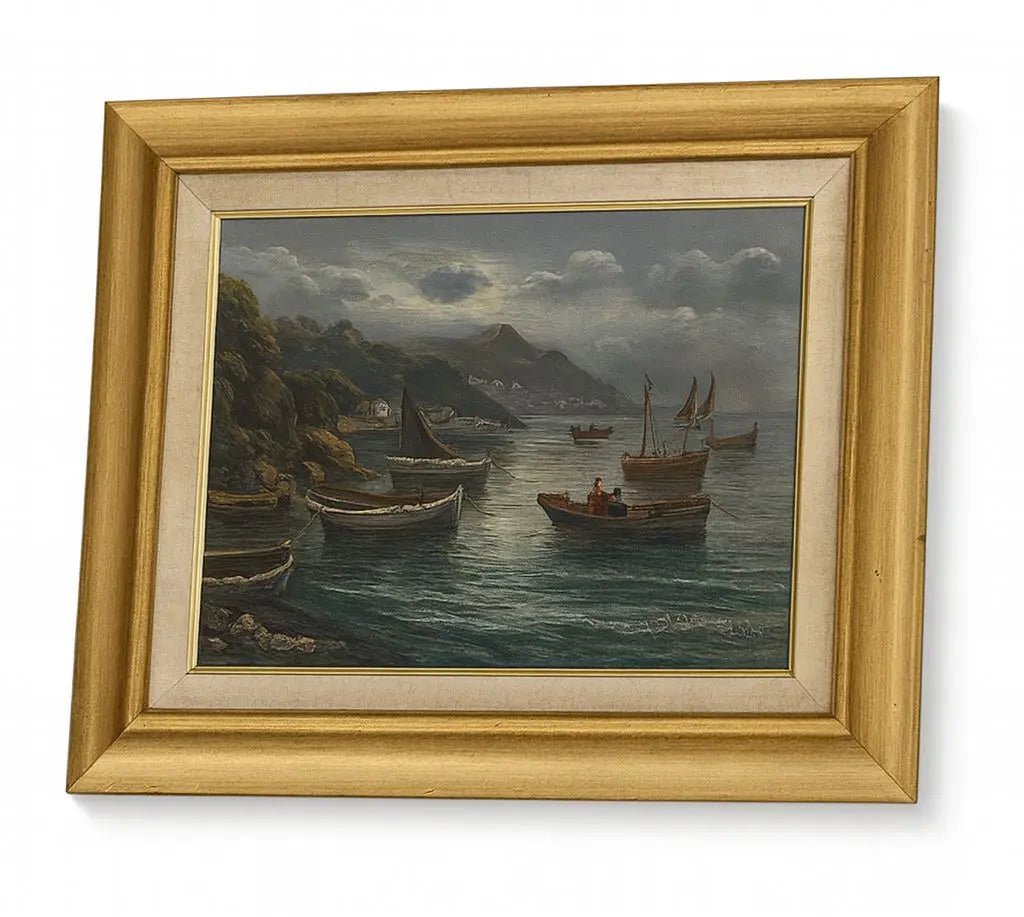 Oil painting depicting fishing boats in the water nearby Approx. 20" x 24"