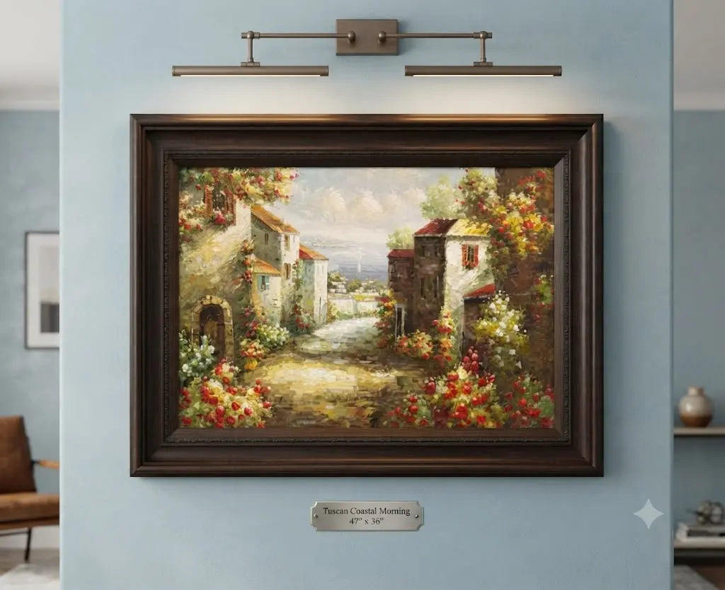 Original oil painting on canvas capturing the vibrant charm of a sunlit Mediterranean pathway lined with blooming red floral bushes and rustic stone architecture