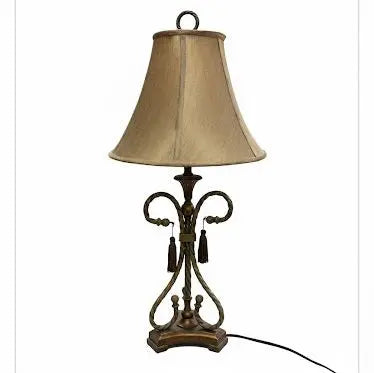 Ornate Antique Table Lamp, Traditional lamp with a twisted metal base, tassels, and beige fabric shade. Approx. 29' x 19"