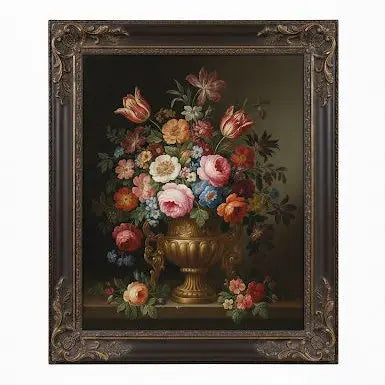 White Flowers in Blue Vase, A painting depecting delicate white in an old-fashioned design an in dark background, in ormate in destriesissed white frame. Approx. 12" x 19"