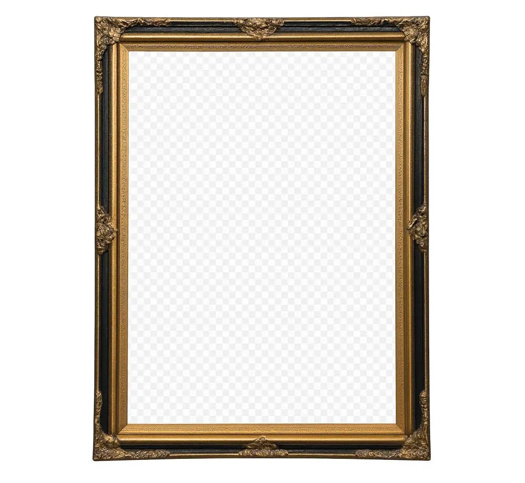 Ornate Gold Rectangular Mirror Large, heavily detailed and black framed mirror with transparent center Approx. 30" x 40" ABC Rugs Kilims