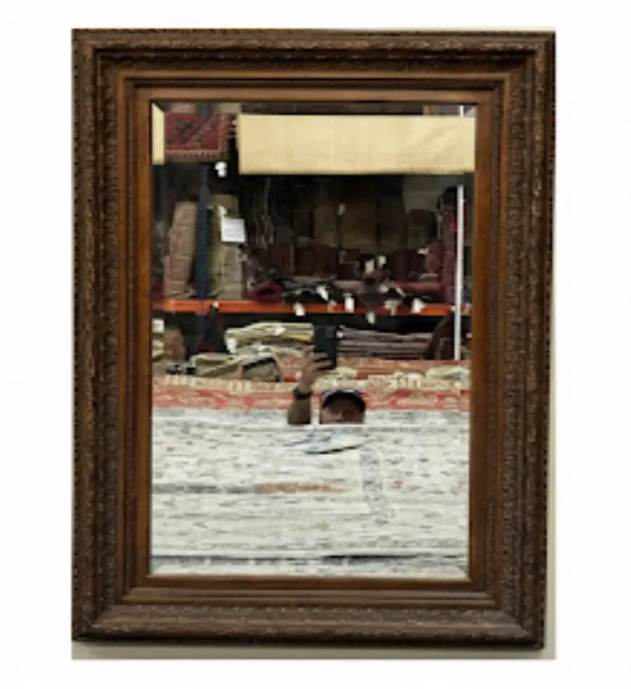 Ornate Rectangular Mirror Large, dark wood framed mirror with intricate caryines Approx. 36" x 48"