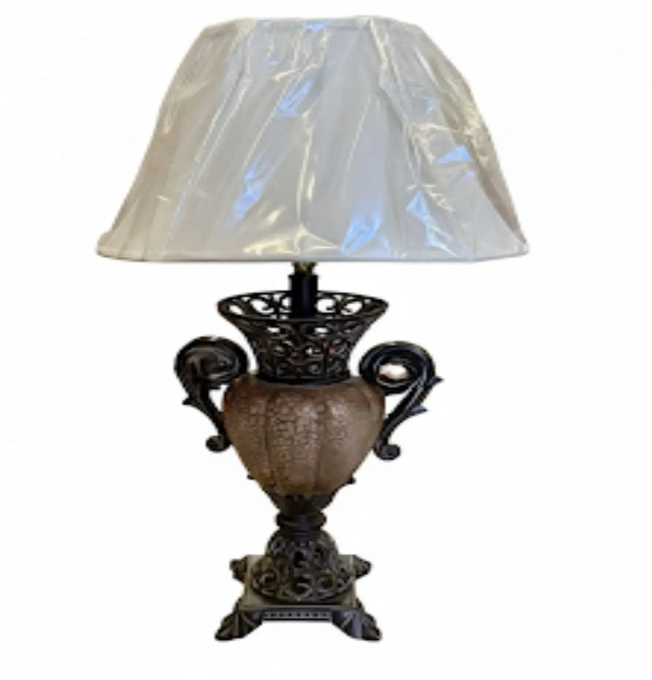 Ornate Urn Table Lamp, Traditional lamp with a crackled finish body, ornate metal base. Approx. 29" x 19"