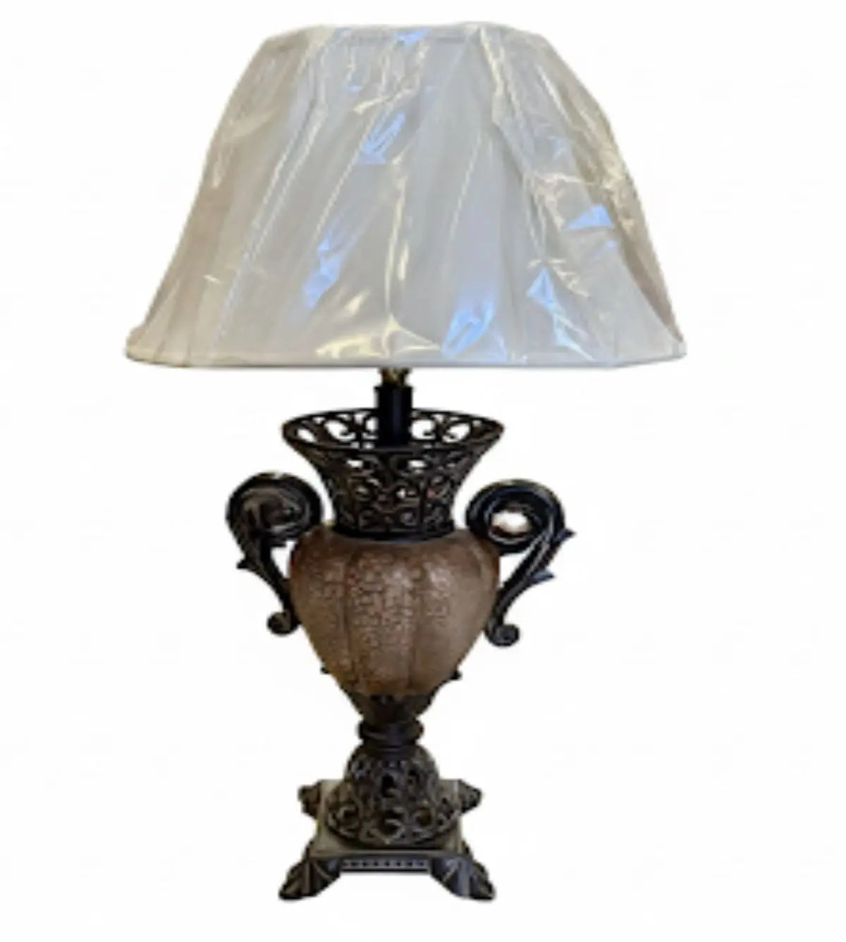 Ornate Urn Table Lamp, Traditional lamp with a crackled finish body, ornate metal base, and a shade still in protective plastic. Approx. 29" x 19" ABC Rugs Kilims