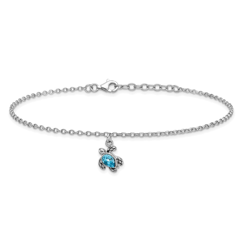 Sterling Silver Rhodium-Plated Preciosa Crystal Turtle 9 +1in Anklet