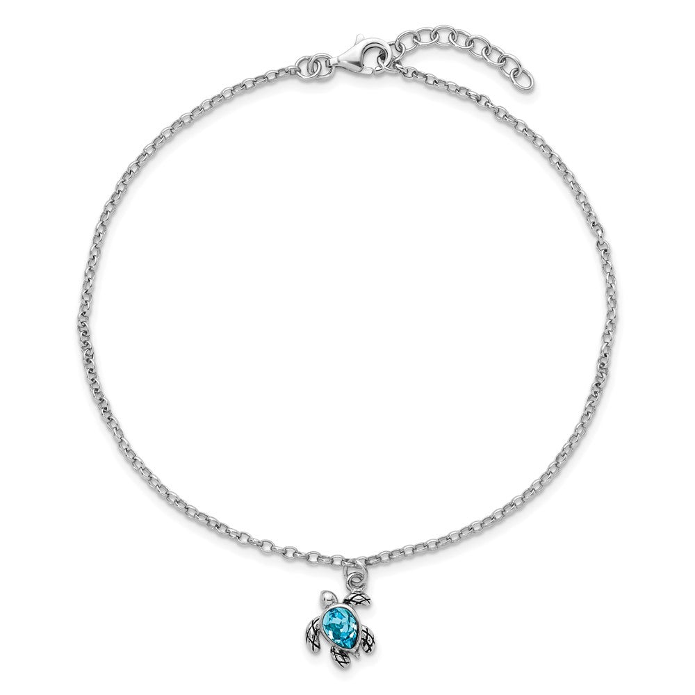 Sterling Silver Rhodium-Plated Preciosa Crystal Turtle 9 +1in Anklet