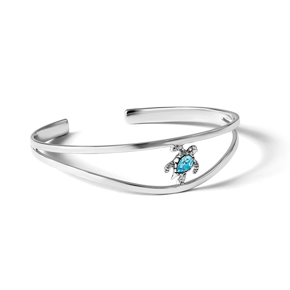 Sterling Silver Rhodium-plated Blue Crystal Turtle Bangle