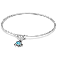 Sterling Silver Rh-plated Thin Dangle Crystal Turtle Hook Bangle