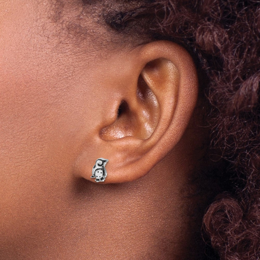 Sterling Silver Rhodium-plated Polished Enamel Penguin Post Earrings