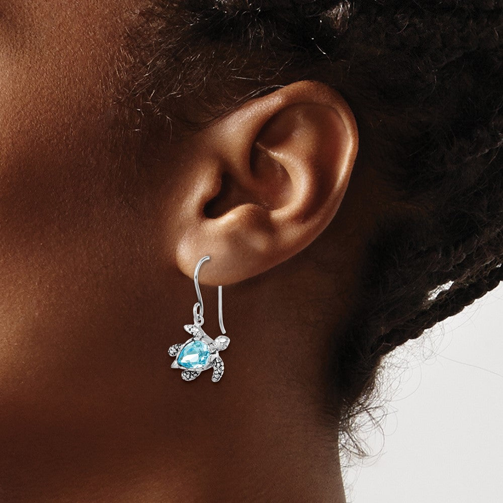 Sterling Silver Rhodium-plated Crystal Turtle Dangle Earrings