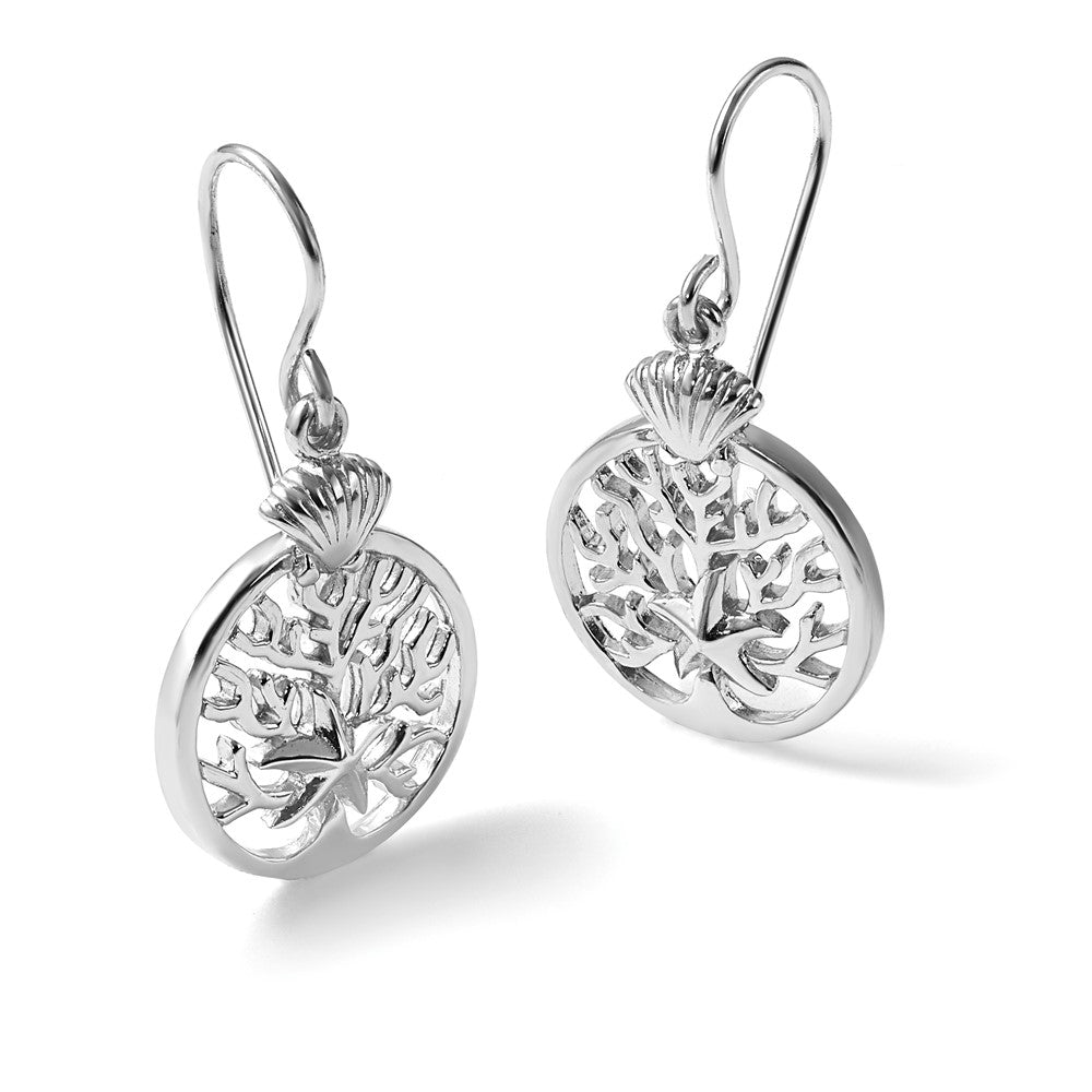 Sterling Silver Rhodium-Plated Starfish & Scallop Shell Reef Dangle Earring