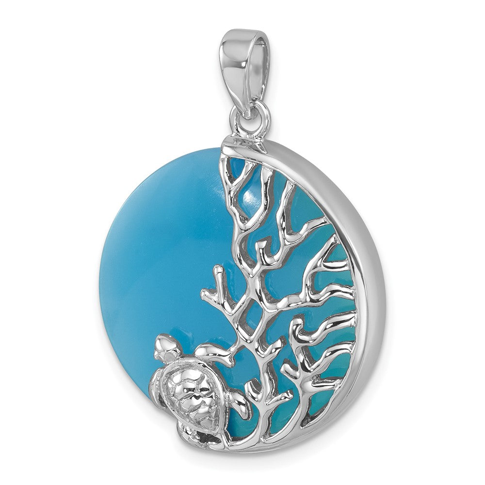 Sterling Silver Rhodium-Plated Blue Agate Turtle & Reef Round Pendant