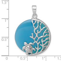 Sterling Silver Rhodium-Plated Blue Agate Turtle & Reef Round Pendant
