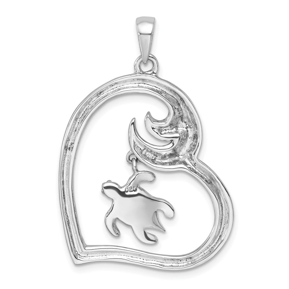 Sterling Silver Rhodium-Plated Crystal Turtle Heart with Wave Pendant