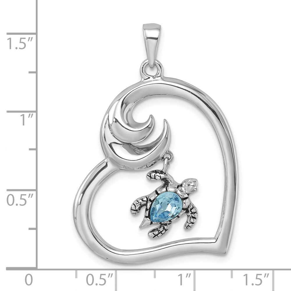 Sterling Silver Rhodium-Plated Crystal Turtle Heart with Wave Pendant