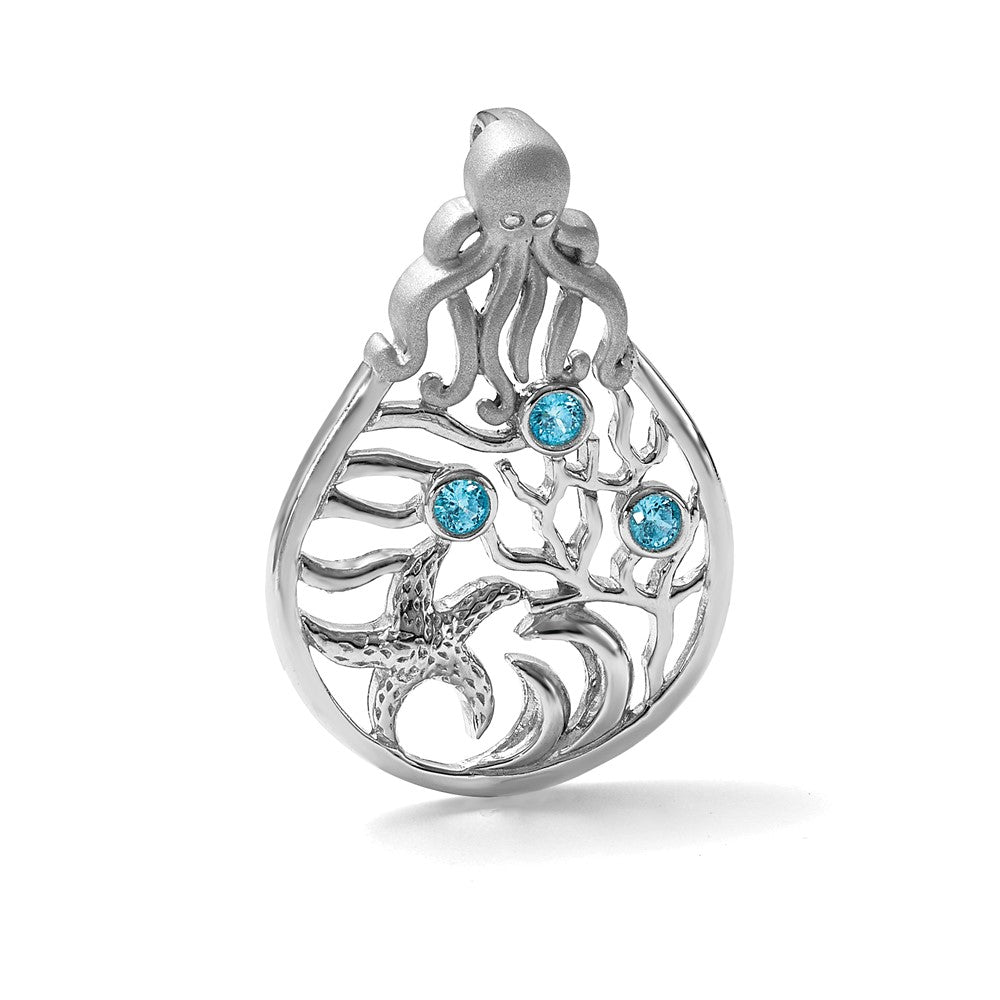 Sterling Silver Rhodium-Plated Octopus & Starfish Sealife Scene Chain Slide
