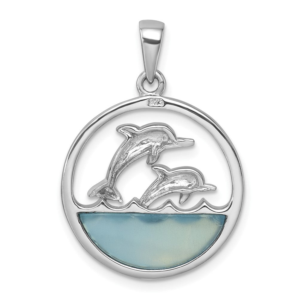 Sterling Silver Rhodium-Plated Round Blue Agate Double Dolphin Pendant