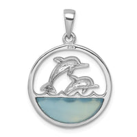 Sterling Silver Rhodium-Plated Round Blue Agate Double Dolphin Pendant