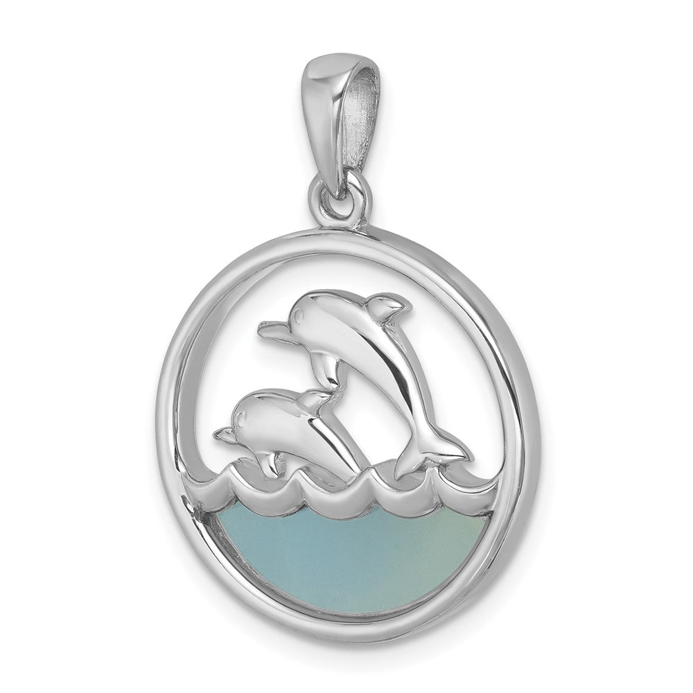 Sterling Silver Rhodium-Plated Round Blue Agate Double Dolphin Pendant
