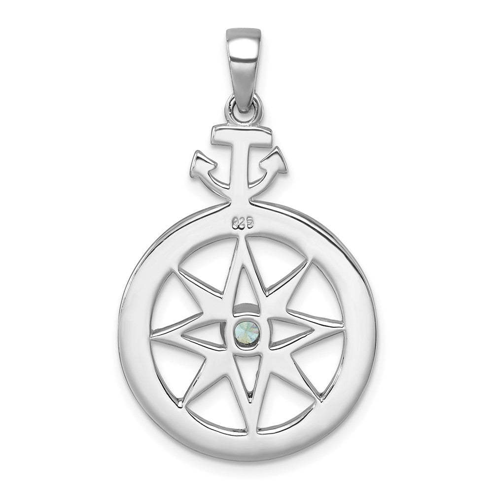 Sterling Silver RH-Plated Blue CZ Compass Rose with Small Anchor Pendant