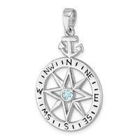 Sterling Silver RH-Plated Blue CZ Compass Rose with Small Anchor Pendant