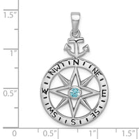 Sterling Silver RH-Plated Blue CZ Compass Rose with Small Anchor Pendant