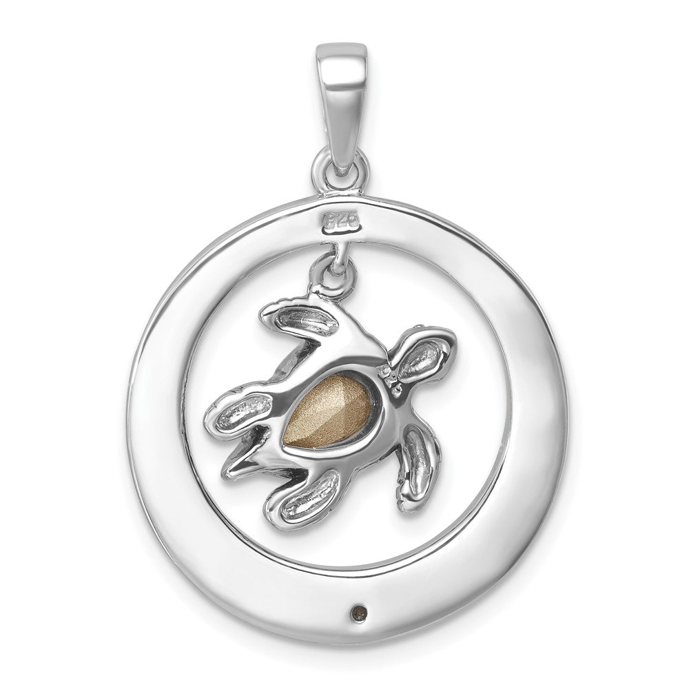 Sterling Silver Rhodium-Plated Round Moveable Crystal Turtle Pendant