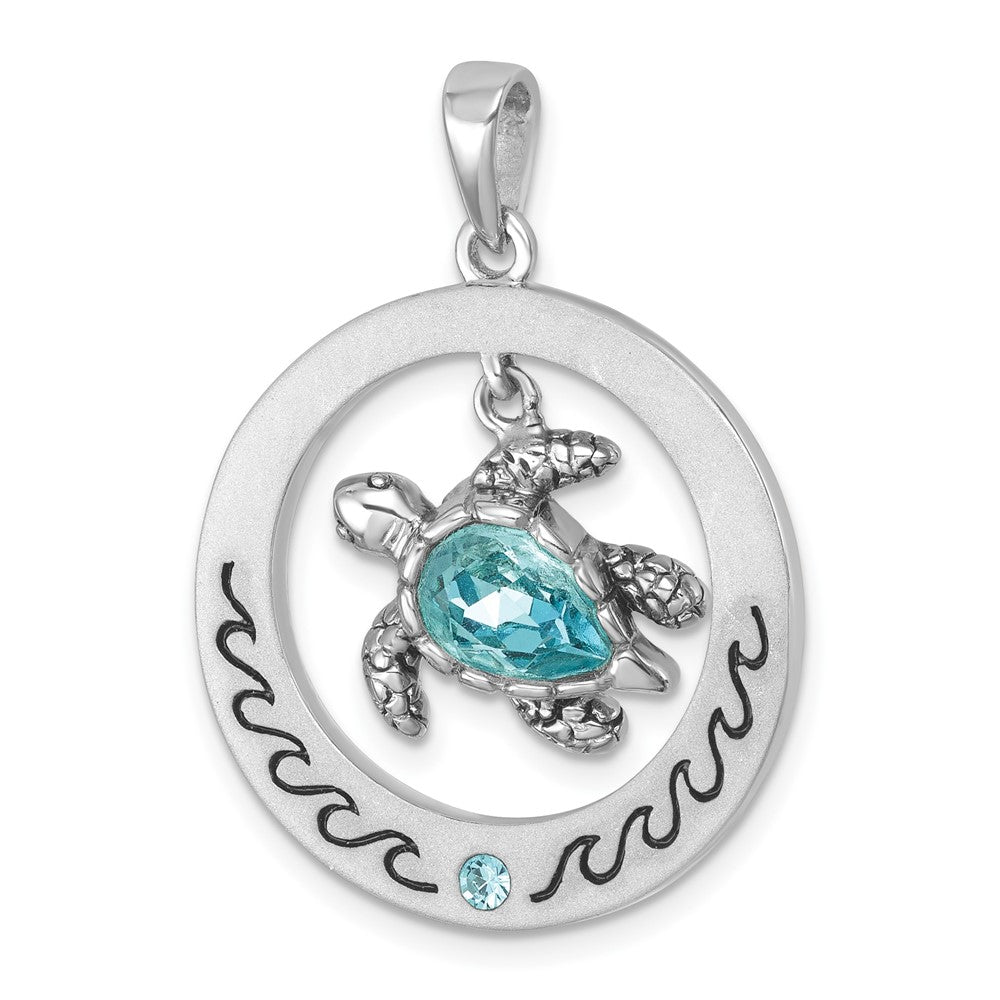 Sterling Silver Rhodium-Plated Round Moveable Crystal Turtle Pendant