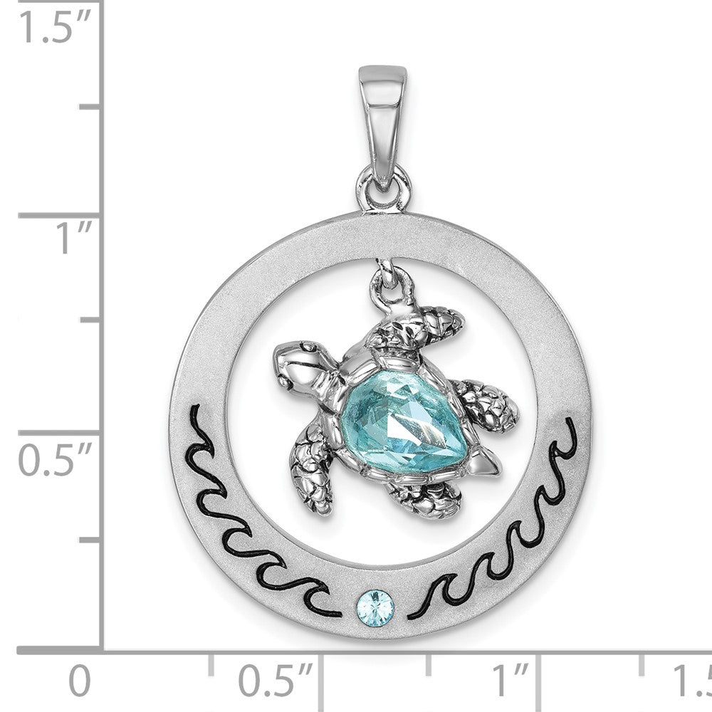 Sterling Silver Rhodium-Plated Round Moveable Crystal Turtle Pendant