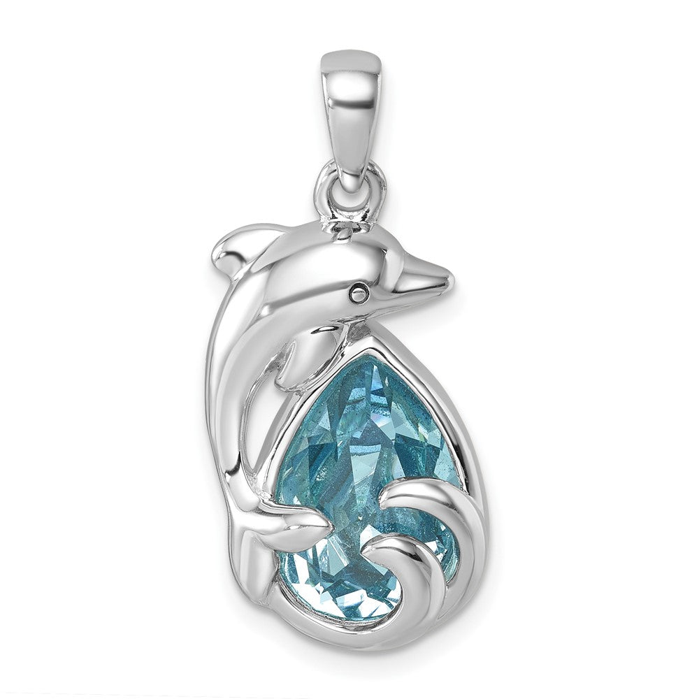 Sterling Silver Rhodium-plated Polished Crystal Dolphin Pendant