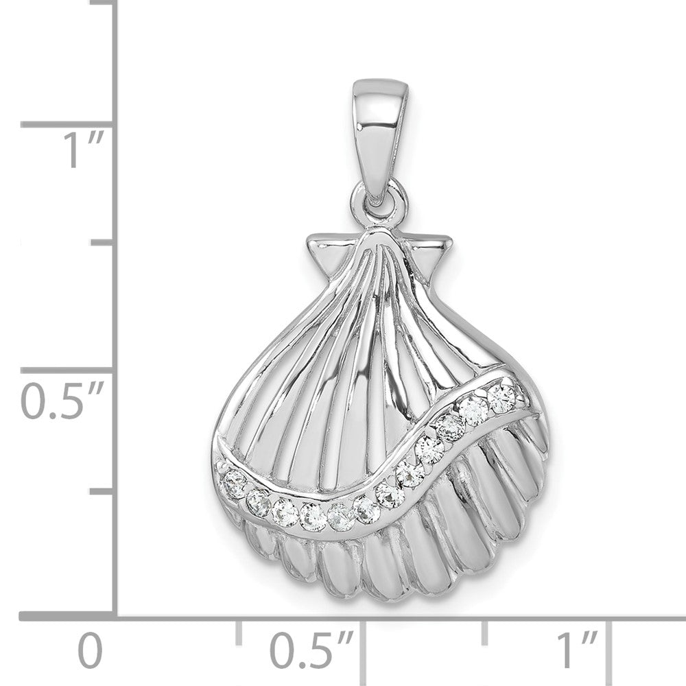 Sterling Silver Rhodium-plated Polished CZ Scallop Shell Pendant