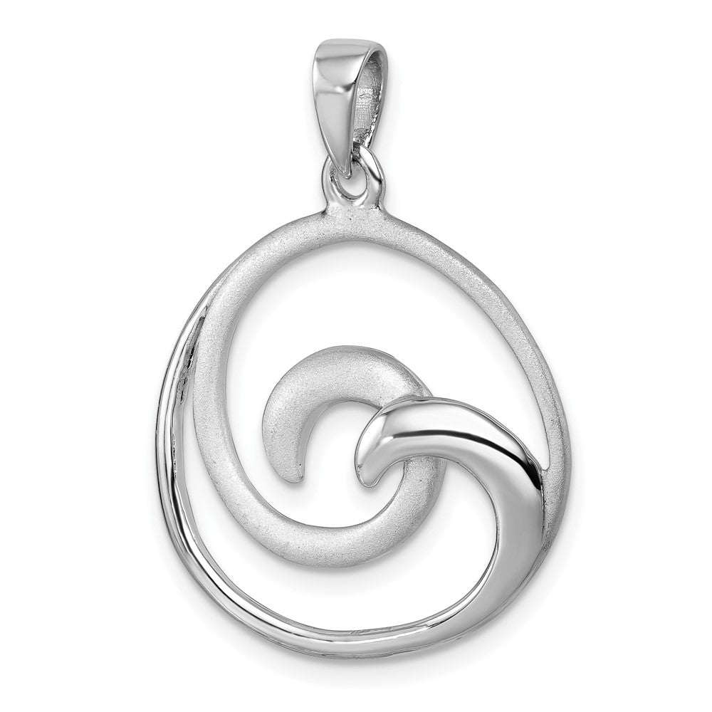 Sterling Silver Rhodium-Plated Polished & Brushed Double Wave Pendant