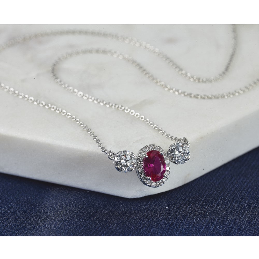 14kw 1 1/8ct Lab Grown Dia VS/SI+ G+ & Cr Ruby Comp 3 Stone 16in Necklace